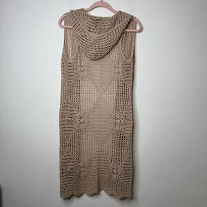 Floral Sz S Crochet Hooded Open Front Cardigan Vest Long Line Boho Coachella